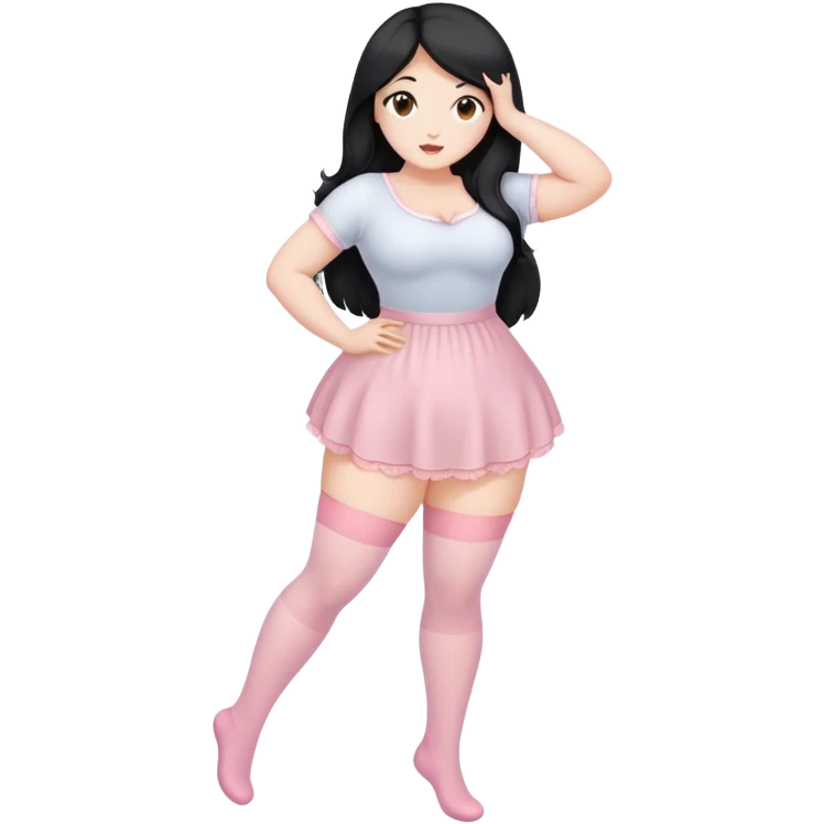 curvy black long hair and brown eyes, intimate bending over sfw light pink nylon stocking pose emoji