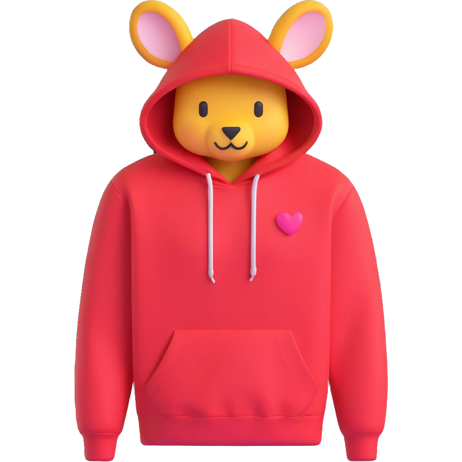cozy red hoodie with drawstring and kangaroo pocket, with a small heart patch on the chest, 3D emoji style emoji