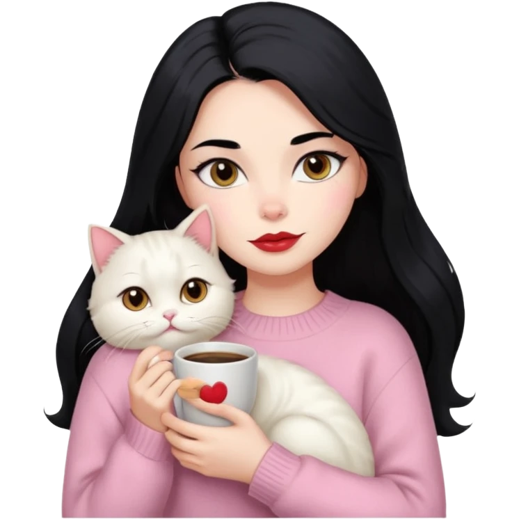 Beautiful Girl Long Hair black, Brows Big , Skin White, Sweater Pale Pink , Big Red Lips, Eyes coffe, Hug Little baby Persa Cream Cat With Cute Eyes emoji