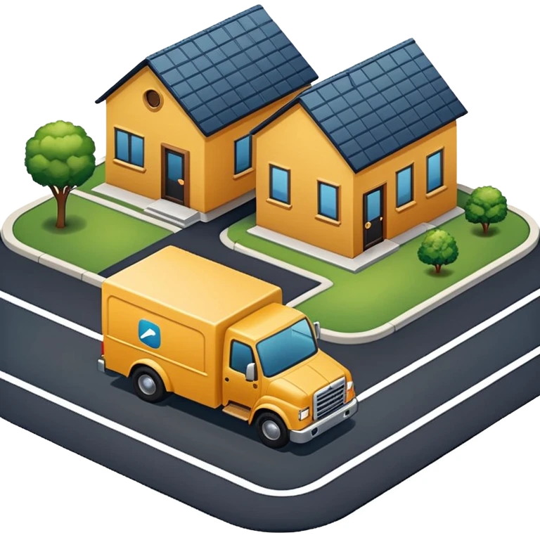 top view of a truck, package, house, and company building side by side, connected by street lines, modern apple emoji style emoji