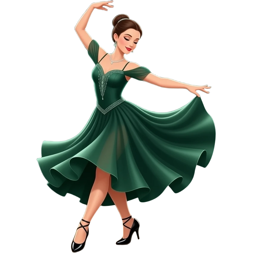 dark olive green Ballroom Dancing: a pair of ballroom dance shoes, a rose, a dance floor, a flowing, voluminous ballroom dress in motion, and a shining spotlight. The icon should represent the elegance and atmosphere of ballroom dancing, focusing on the attire and setting. Transparent background. emoji