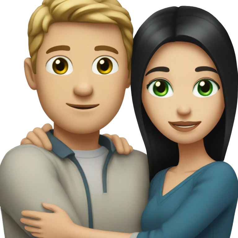 White man with blue eyes and BROWN hair hugging white woman with long straight black hair and green eyes emoji