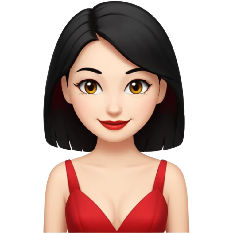 Chica con delineado con vestido rojo escotado en la espalda y pelo semi largo negro, con sonrisa coqueta guiñando el OJO  emoji