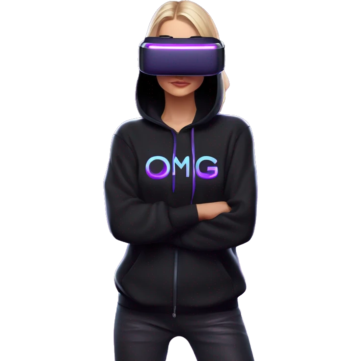 Russian girl wearing black hoody with violet letters "OMG", in vr headset oculus quest2. Standing like jedi. Cyberpunk style. Violet neon. emoji