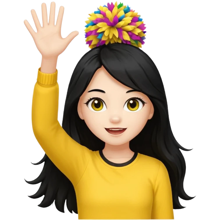 A long black hair teen girl waving pom-poms, eyes sparkling with excitement, yellow top emoji