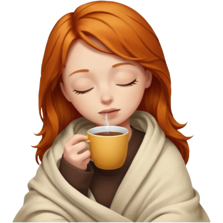 girl with ginger hair inside a blanket sipping coffee eyes closed emoji