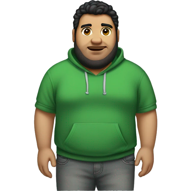 wide fat guy with black hair big chest green hoodie and grey jeans and a shaved beard, with little acne emoji