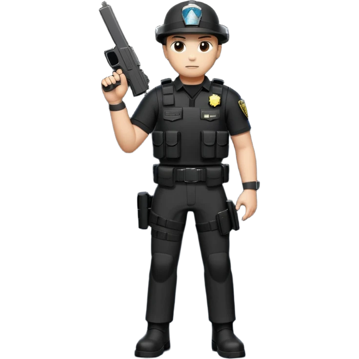 Arm security patrol officer with a Glock 19 standing in the night with full gear, black pants, black shirt, black plate, carrier, black boots, black belt, black holster with a Glock 19 emoji