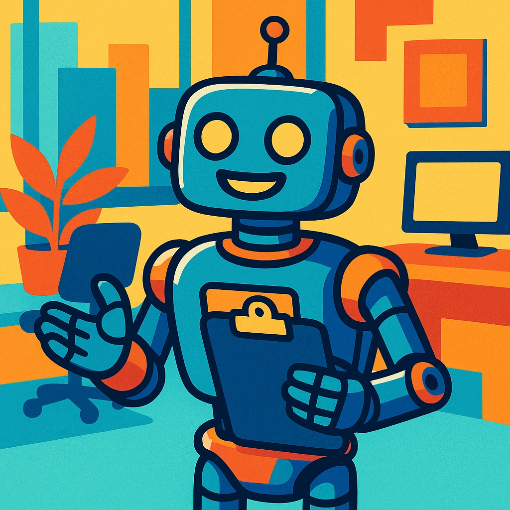 a friendly recruiter robot, cartoon style, professional, metallic, with a clipboard, in a modern office setting, bright and vibrant colors emoji