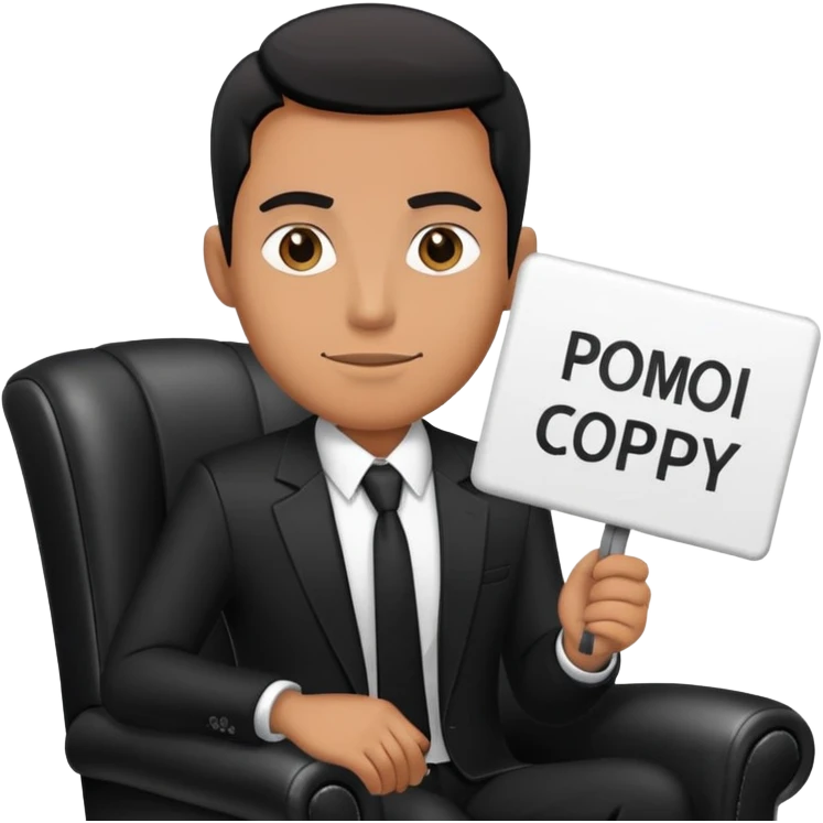 A man in a black suit sits on a black leather chair and holds a sign that says PrimeCopy emoji