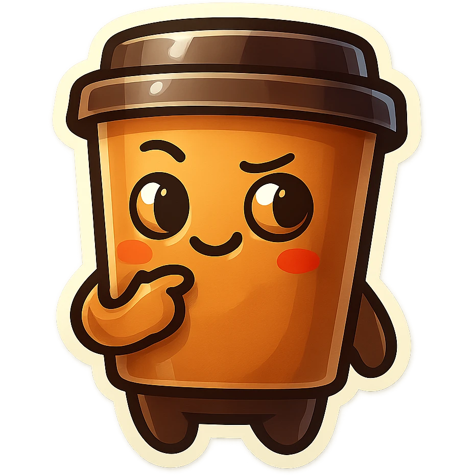 Tall coffee cup, mischievous eyes, pondering emoji