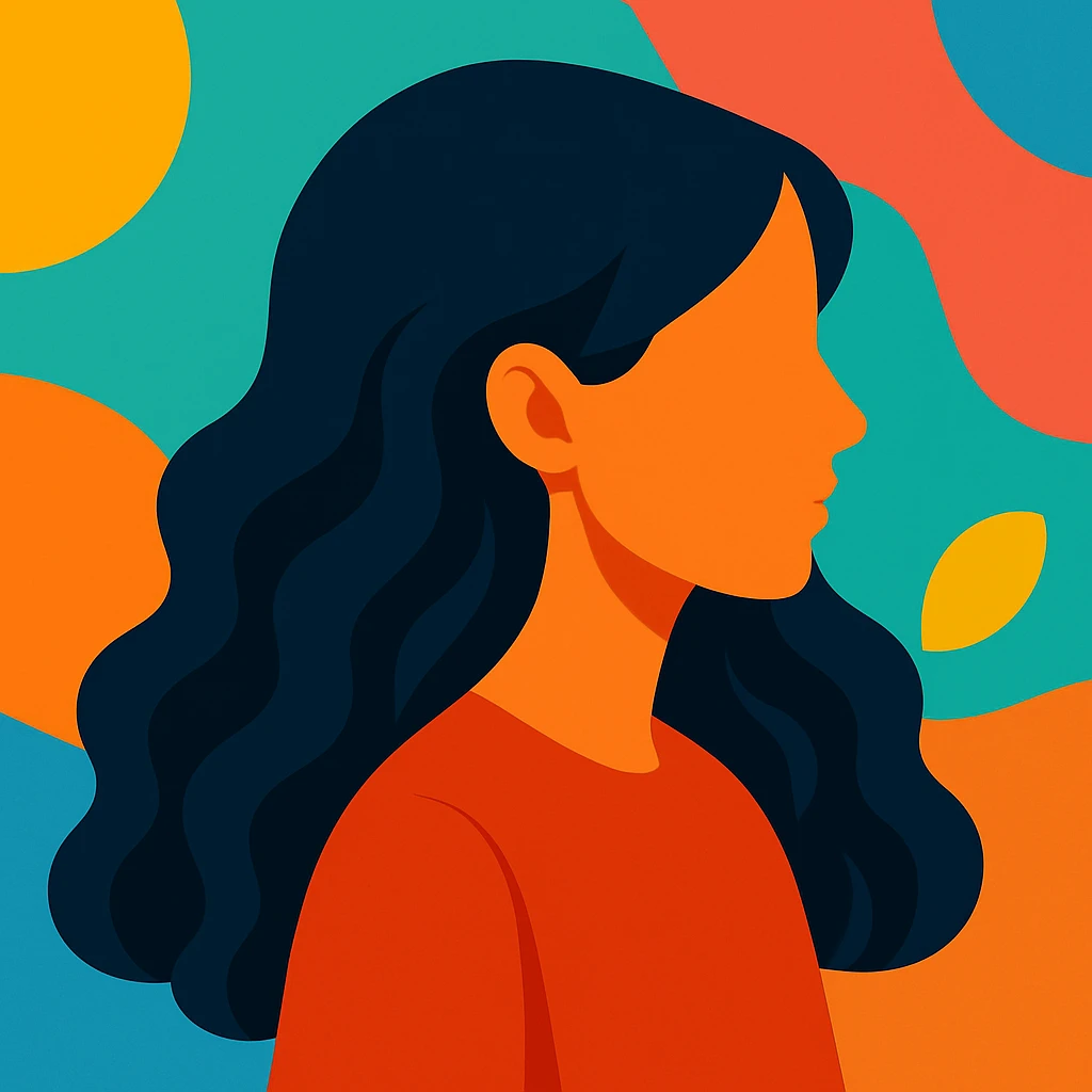 Make the faceless Asian woman with long, wavy hair face sideways in vibrant toon style. emoji