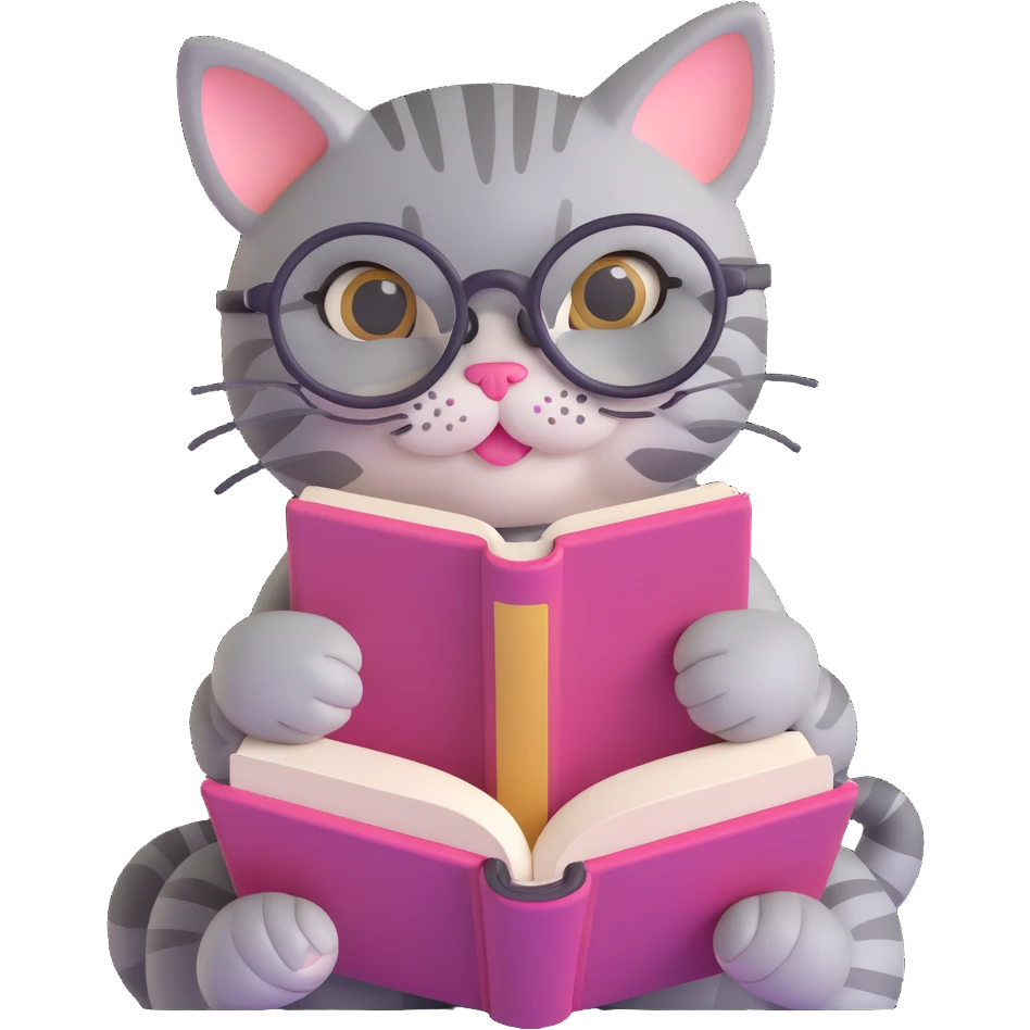 cute gray tabby cat with big round glasses, pink cheeks, holding an open book, reading, soft friendly 3D emoji style emoji