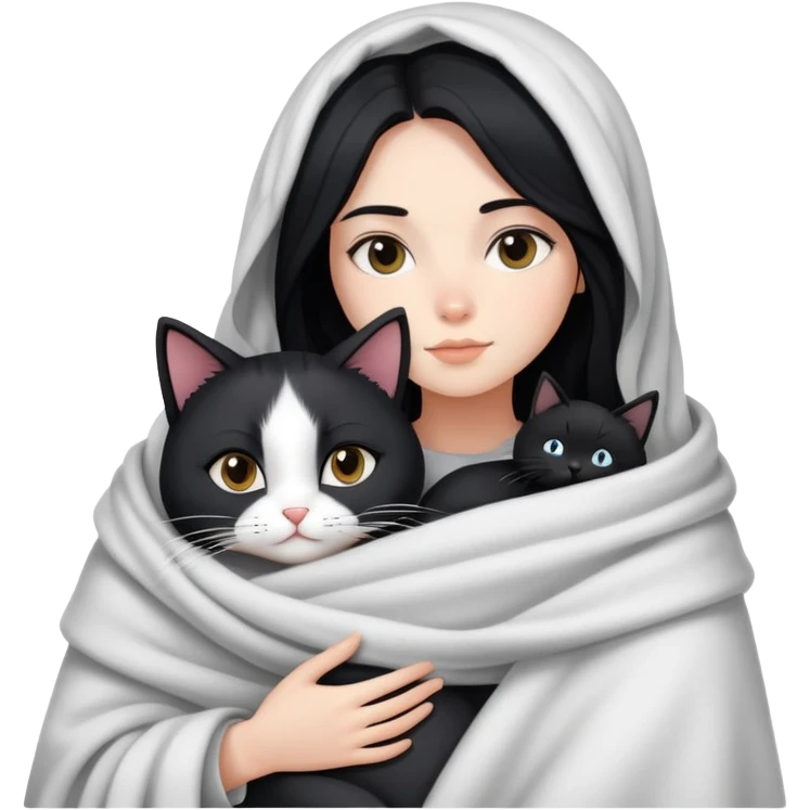 A fair-skinned girl with long black hair wrapped in a blanket hugging a black and white cat emoji