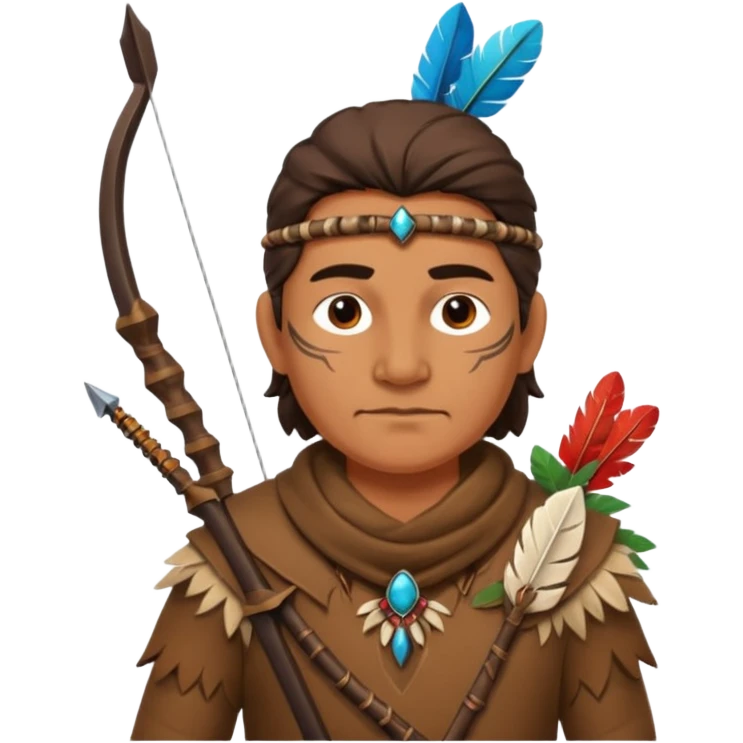A classic middle-aged hunter with a bow and arrow on his back, dressed in brown clothes and adorned with decorations made of feathers or bone teeth emoji