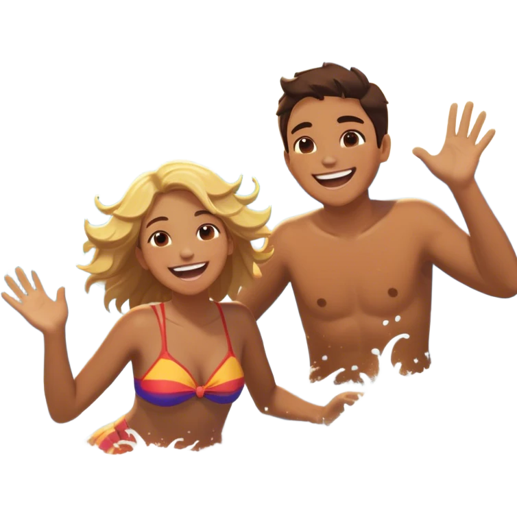 A person splashing in the ocean, laughing with a warm friend beside them. They’re playfully pretending to play, fully immersed in the fun. The sun glows above, and the waves crash around them, symbolizing the joy of being present, creating fun, and appreciating the moment with the people  emoji