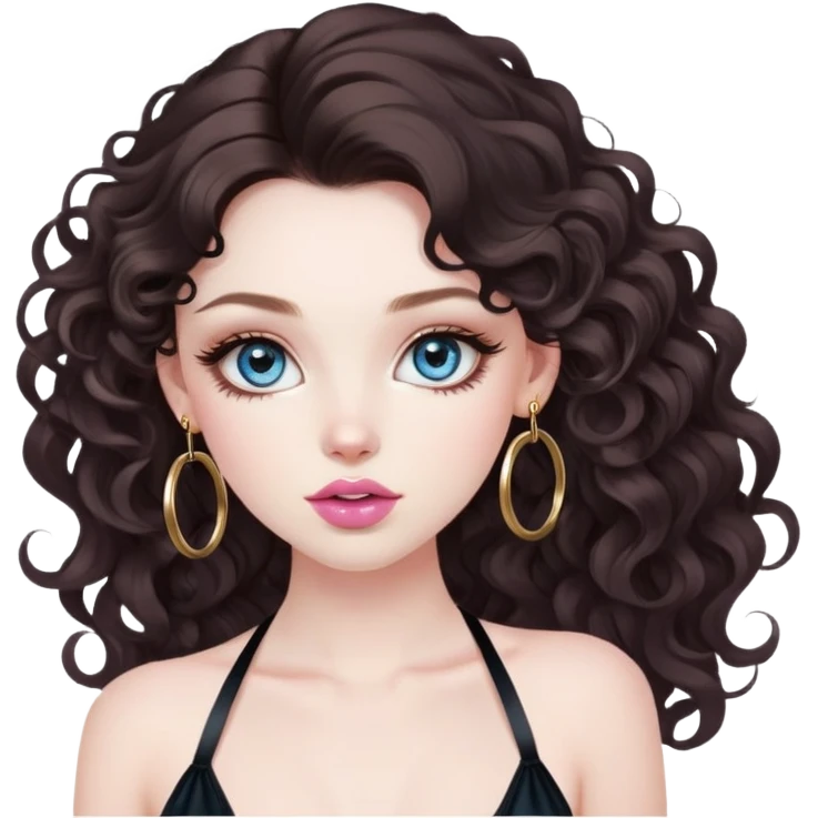 beautiful girl with big blue-grey eyes, long lashes, pale skin, nice pink lips, and long & voluminous dark brown curls. she has baddie energy. we see her whole head down to her chest. she's wearing gold hoops and a cute silky halter top. emoji