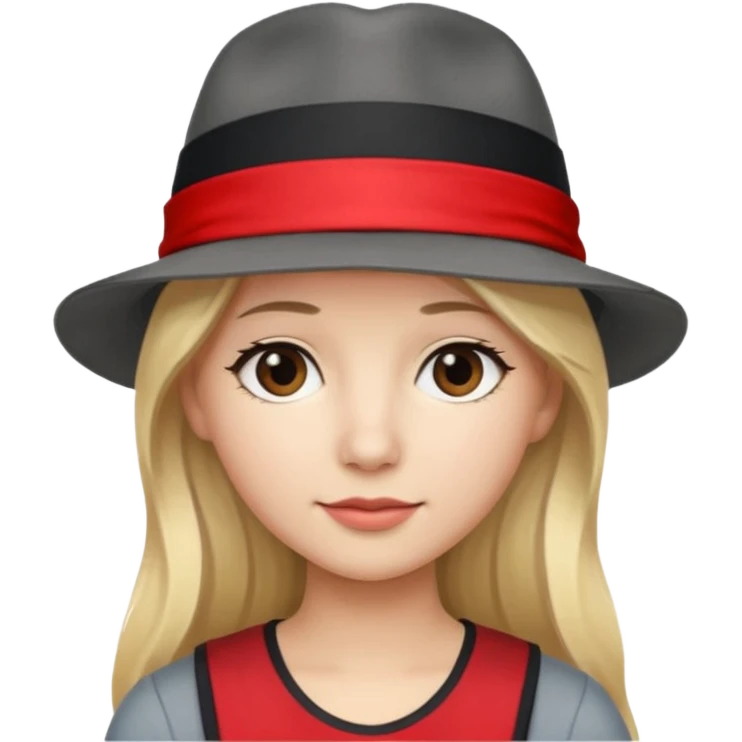 A person with long blond hair, wearing a gray fedora with a black band and a red headband underneath. emoji