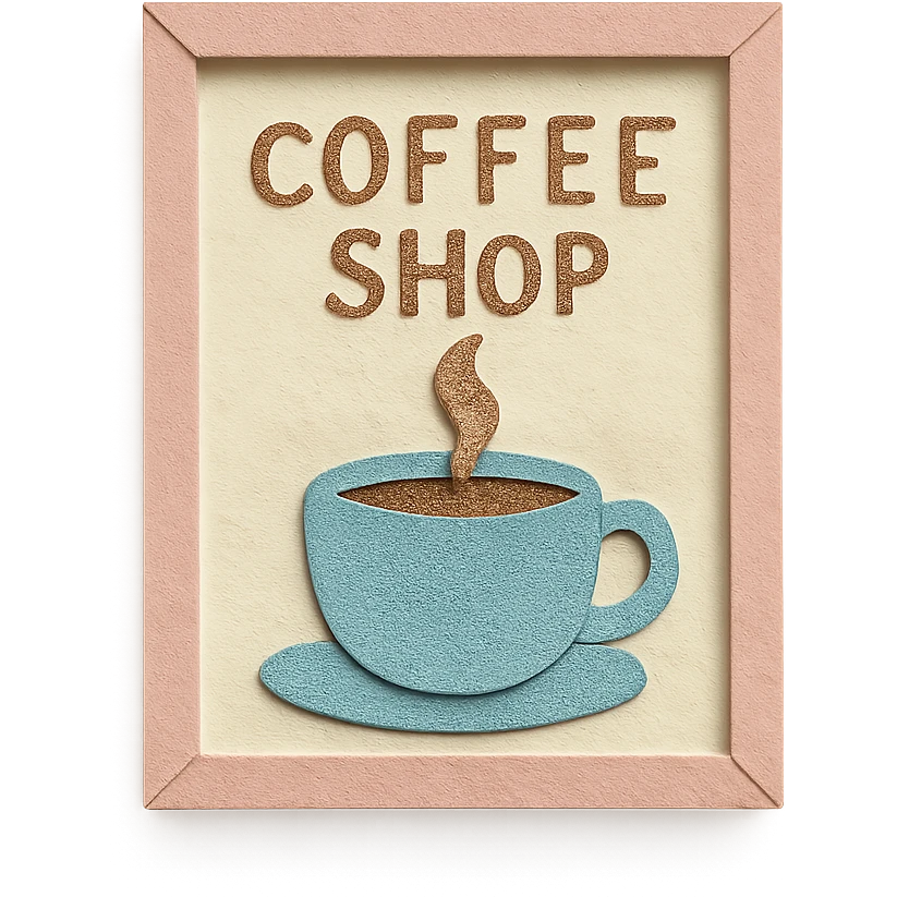 coffee shop wall art frame, soft pastel colors, hand-drawn style emoji