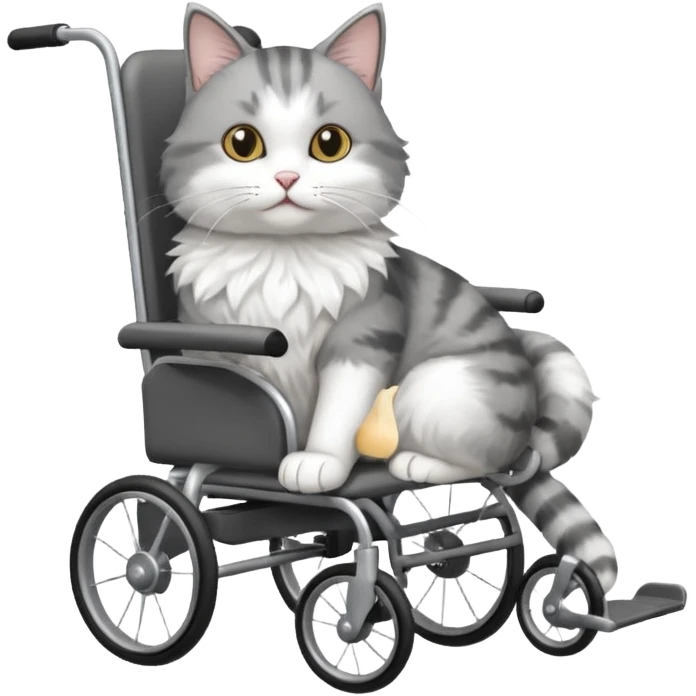 grey and white cat in a cat mobility wheelchair emoji