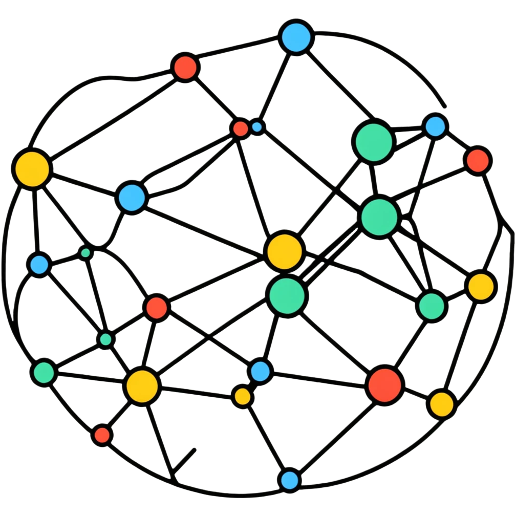 neural network diagram with connected nodes and edges, bright colors, simple design for telegram emoji