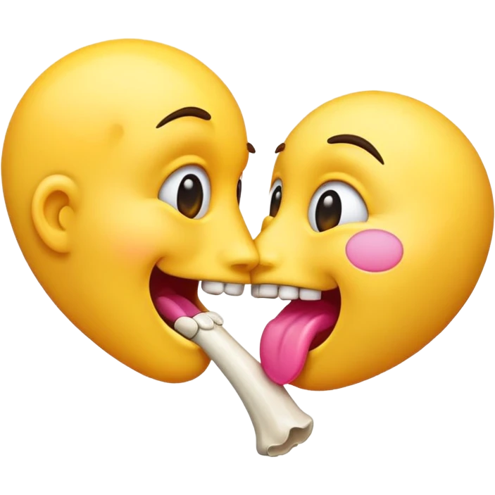 kissing emoji with a yellow bone in its mouth, bone has a pink tip emoji