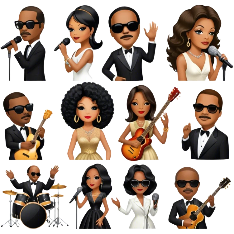 Icon for R&B Music: collage of legendary R&B artists—Diana Ross, Stevie Wonder, Marvin Gaye, Janet Jackson, Billy Ocean, and Whitney Houston. Represented by silhouettes or symbolic items like a microphone, guitar, or music notes. Transparent background. emoji