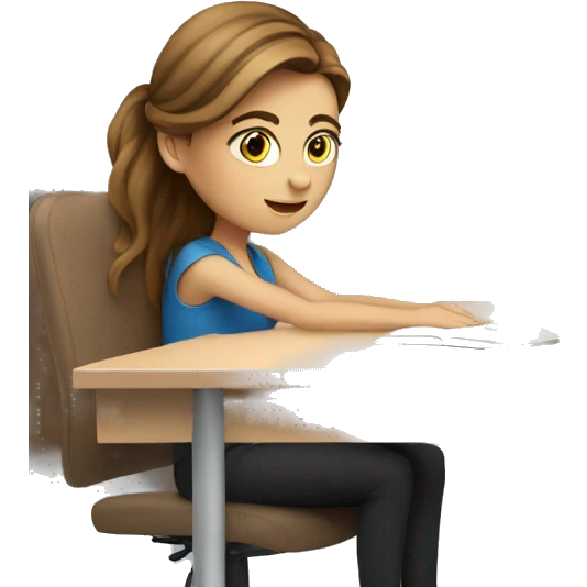 white girl studying at a white desk, brown hair, blue eyes, computer emoji