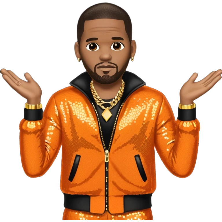 R. Kelly with dark brown hair, orange sequin outfit emoji