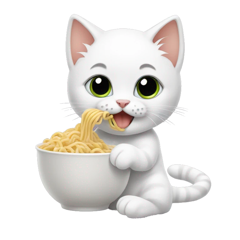 White kitten eating noodles emoji