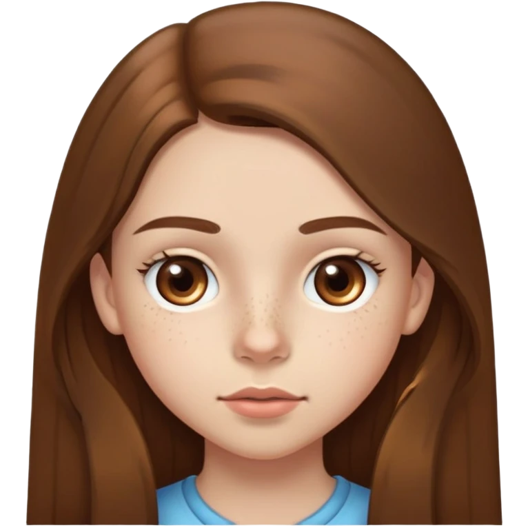 A 12-year-old girl with very long brown hair, light brown eyes, medium thick eyebrows, slightly big lips, a small freckle on her cheek and another small freckle under her eye emoji