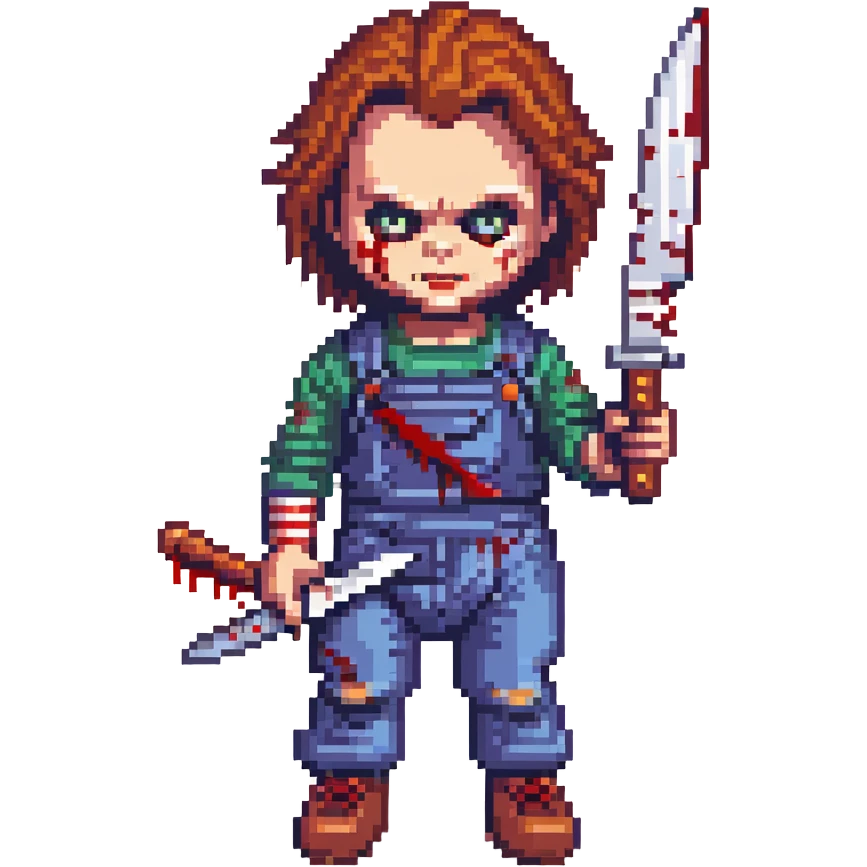 Chucky doll holding a bloody knife, horror style emoji
