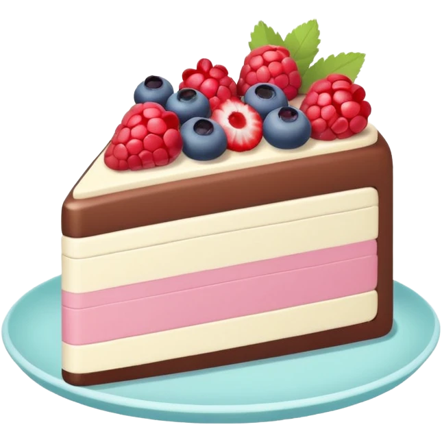 Confectionery humanless avatar in bright emoji-style illustration. Cake slice with cream and berries, pastel colors, simple shapes, flat design, sweet and inviting. emoji