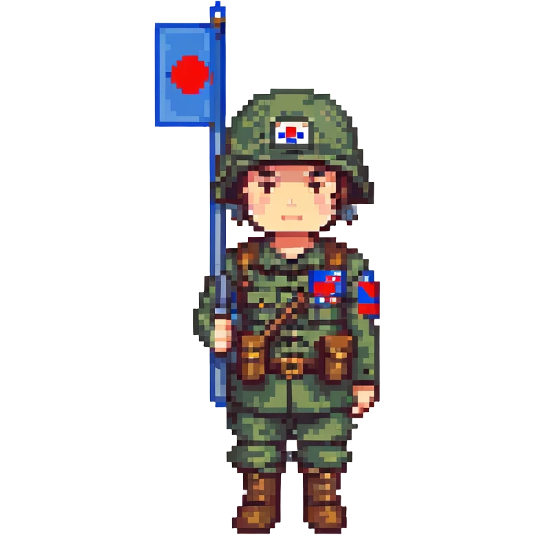 Korean soldier with helmet and Korean flag patch, standing at attention, pixel art style emoji