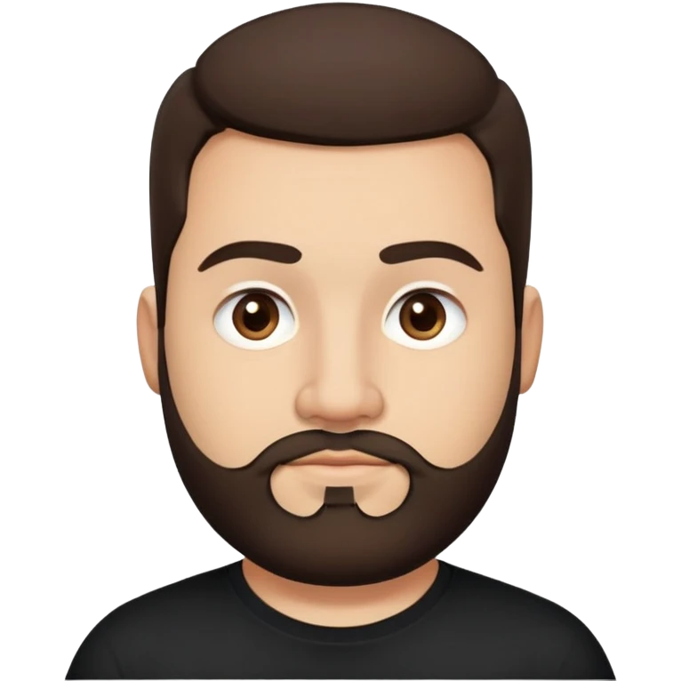 Fuller-figured man in his 30s with light brown skin, round face, full cheeks, medium dark brown eyes, thick eyebrows, wide nose, friendly expression, short full beard, short dark hair, wearing a black t-shirt emoji