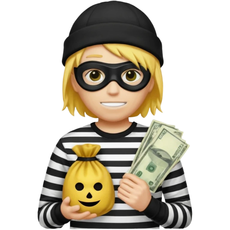 A yellow guy with a black beanie white black striped shirt a black mask for it's eyes and holding a money bag with yellow hair emoji