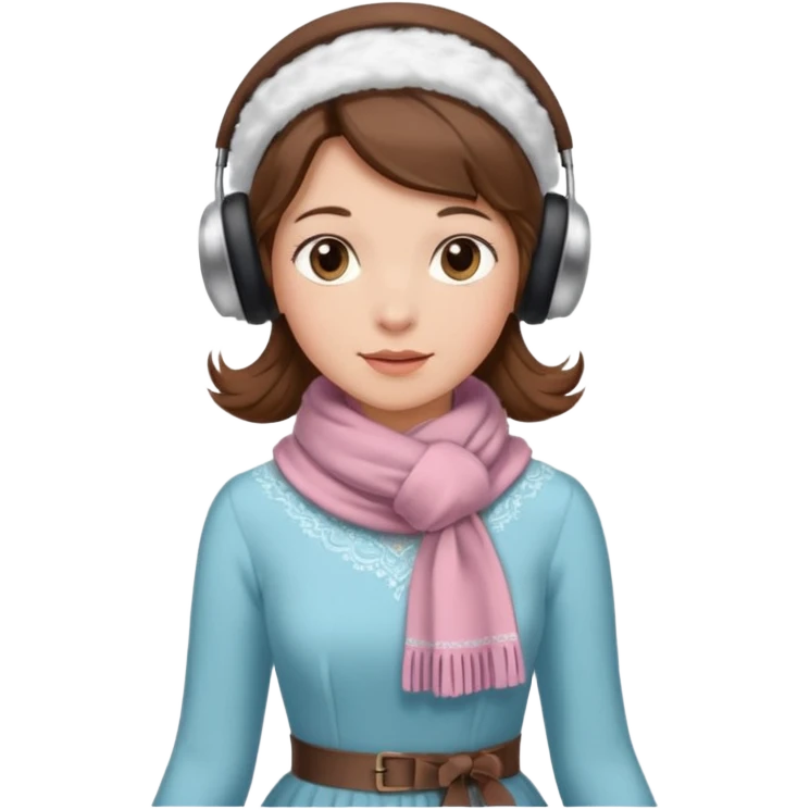 Victorian ice skater in a long dress. She is wearimg a scarf and earmuffs. She has brown hair. emoji