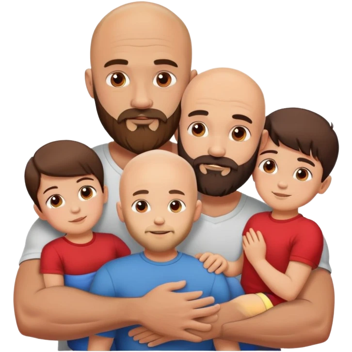 Muscular Bald man with a beard embracing his young beautiful brunette wife and their 3 sons emoji