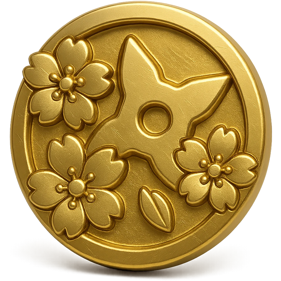 Japanese style badge in gold color, traditional crest shape, sakura (cherry blossom) accents, chibi/anime-inspired playful vibe, ninja star accent, no text, sized for Twitch or Discord use, transparent background. emoji