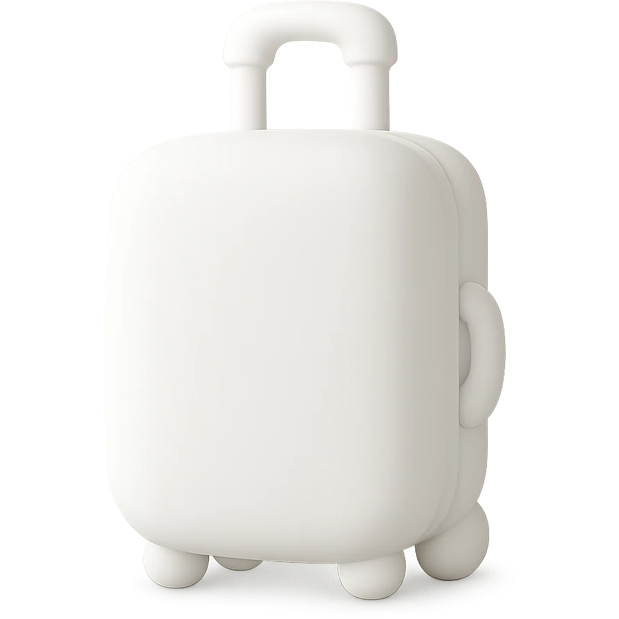 white suitcase on wheels, mochi style, soft shadows and highlights, pure white color, transparent background, no decoration emoji