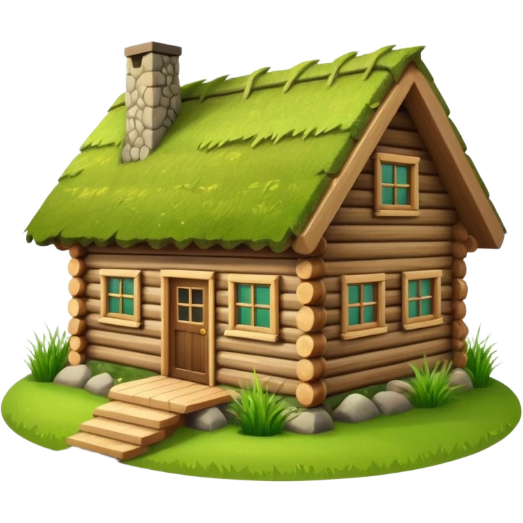 traditional Norwegian log cabin house with grass roof, wooden texture, emoji style emoji