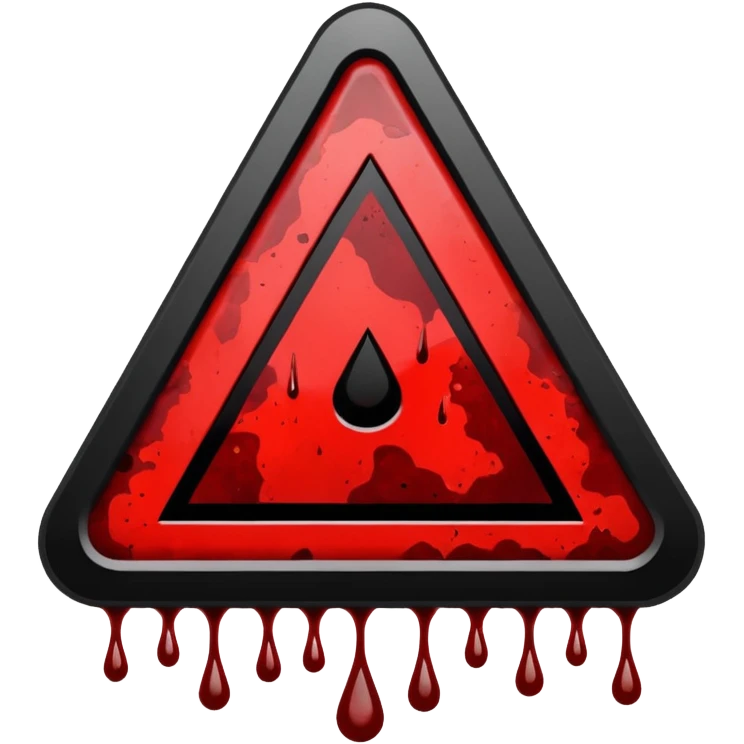 A triangular danger sign with a bold black border and a bright yellow background. In the center, a dark red blood splatter spreads outward, with a few drops dripping down the sign. The design gives a wild, intense, and dangerous vibe, as if warning of something violent or hazardous. emoji