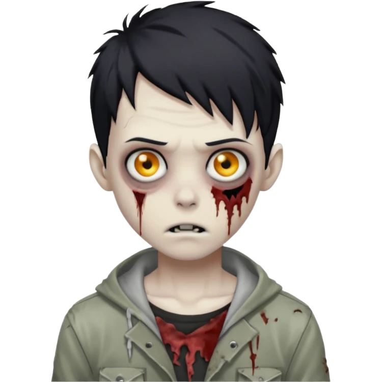 Faça um menino zombie, com cabelos preto igual de anime, com olhos cinza emoji