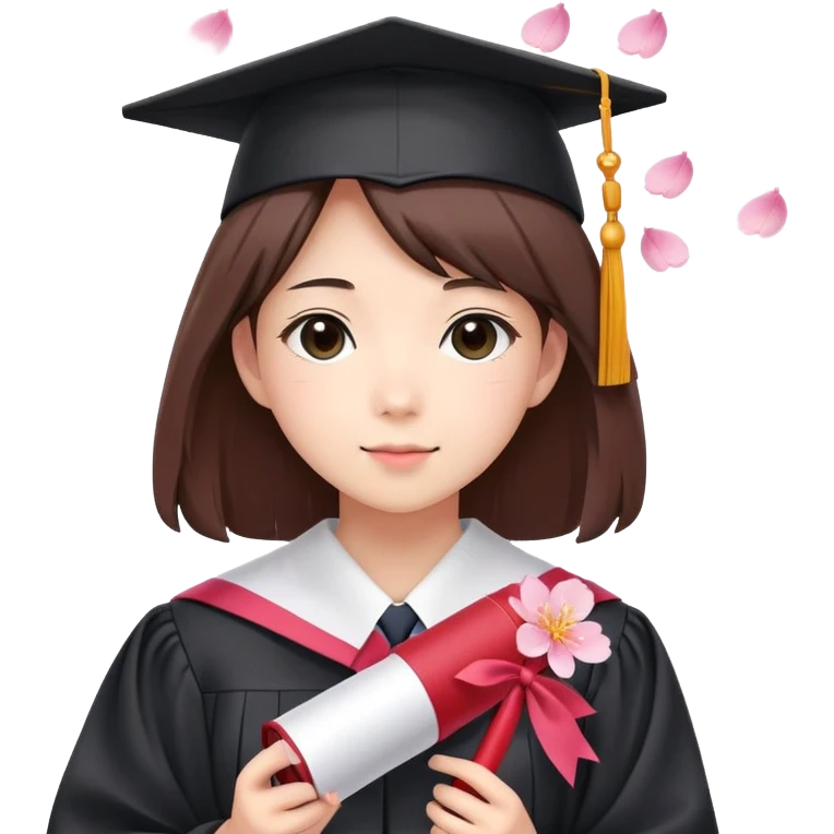 Japanese high school girl in graduation ceremony with diploma and sakura petals emoji
