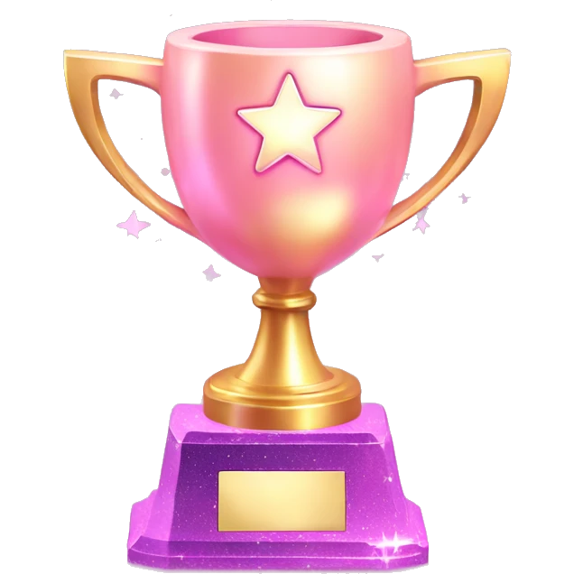 Trophy Emoji "A shiny pastel pink gaming trophy with a glowing base, tiny stars floating around, and glittery highlights accenting the design." emoji