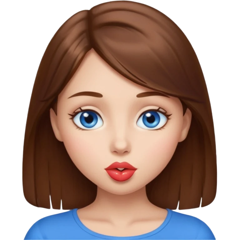 A girl with brown longish hair and very blue eyes sending a kiss emoji