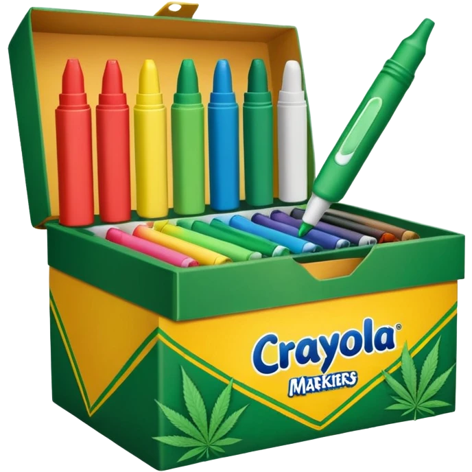 a box of crayola permanent markers with cannabis leaf emoji
