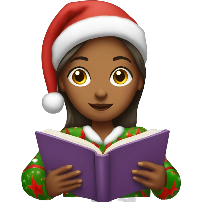 Woman in Christmas pajamas reading a christmas book emoji