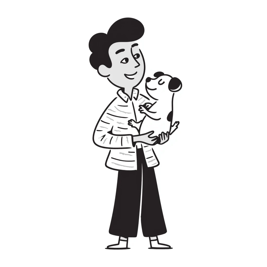 Mexican man with black hair and brown eyes wearing a shirt and black pants, holding a small white dog with one brown ear emoji