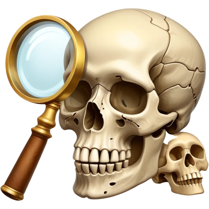 An icon showing a skull and ancient artifacts, representing anthropology. The design features a magnifying glass examining bones, fossils, and cultural symbols, symbolizing the study of human evolution and societies. Transparent background  emoji